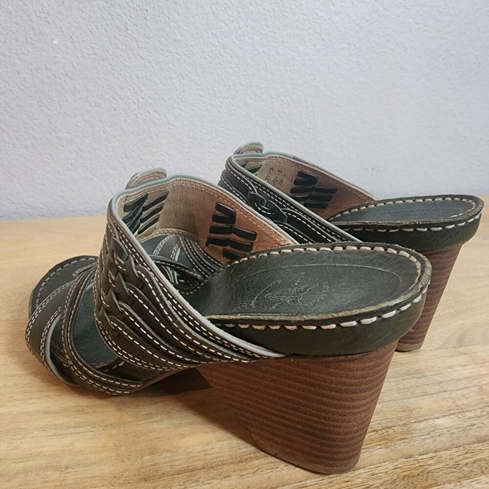 Frye Sandals Womens Size 7 Green Leather Woven Slide Mule High Heels 73370 - Picture 4 of 12